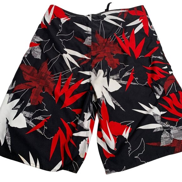 First Wave Board Shorts Swim Trunks 34 Black Red Floral Hook Loop Drawstring - Picture 3 of 5